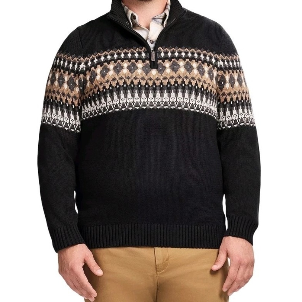 IZOD Men Fair Isle Preppy Nautical Knit Quarter Zip Pullover Sweater Black 3XB